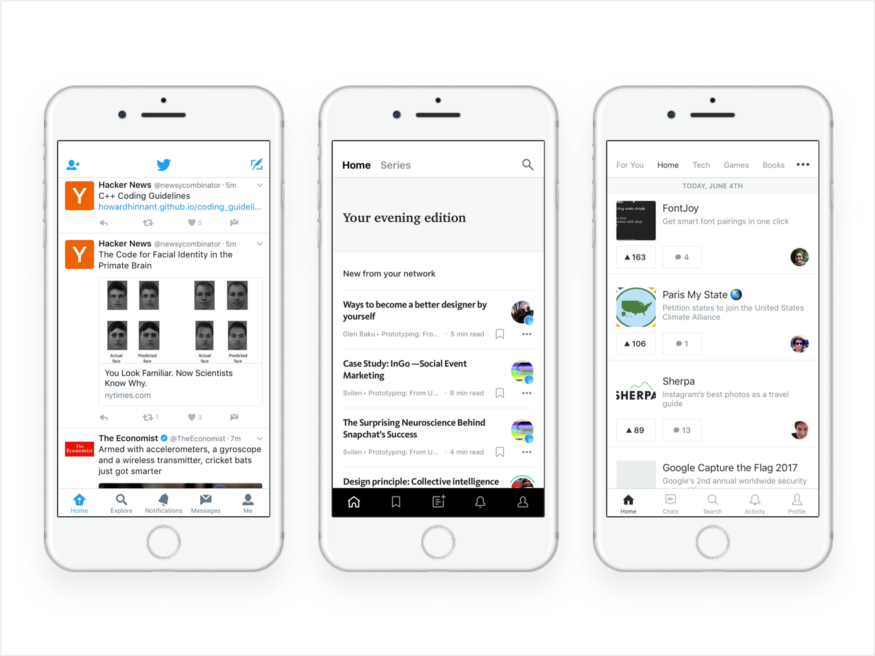 From left to right, Twitter, Medium, ProductHunt